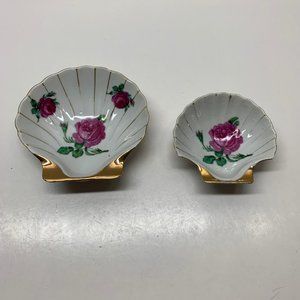 Nasco Japan roses clam shell porcelain Trinket Dishes nesting set 2